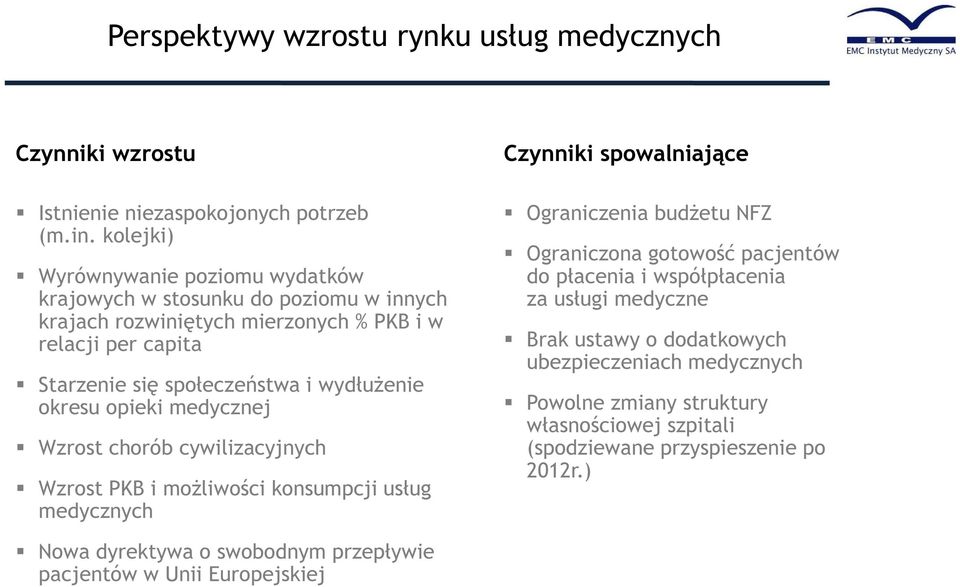 wydłużenie okresu opieki medycznej Wzrost chorób cywilizacyjnych Wzrost PKB i możliwości konsumpcji usług medycznych Czynniki spowalniające Ograniczenia budżetu NFZ Ograniczona