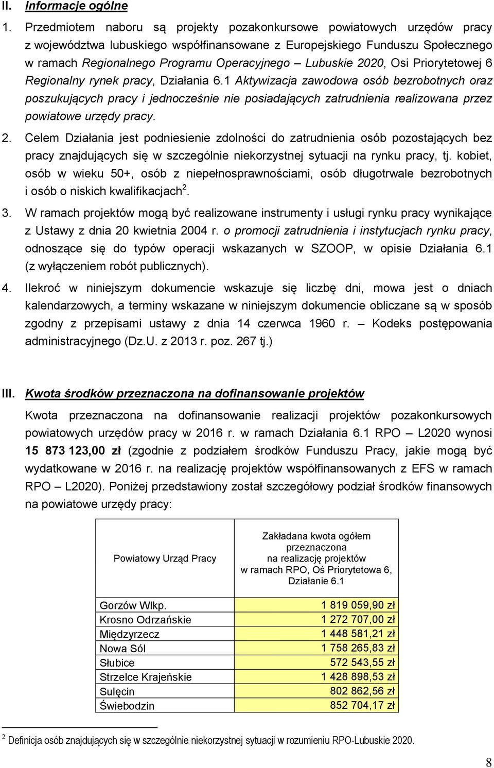Lubuskie 2020, Osi Priorytetowej 6 Regionalny rynek pracy, Działania 6.