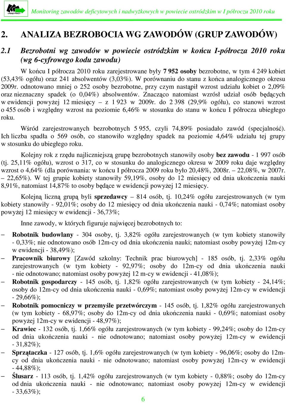 ogółu) oraz 241 absolwentów (3,03%). W porównaniu do stanu z ońca analogicznego oresu 2009r.
