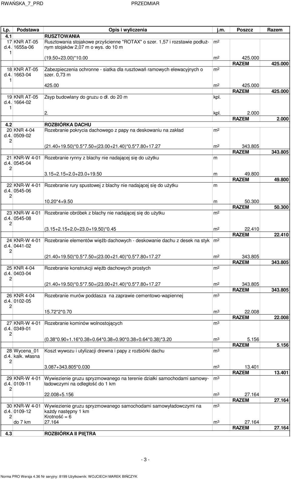 . kpl..000 RAZEM.000. ROZBIÓRKA DACHU 0 KNR -0 Rozebranie pokrycia dachowego z papy na deskowaniu na zakład d.. 009-0 (1.0+19.0)*0.*7.0+(.00+1.0)*0.*7.80+17.7.80 1 KNR-W -01 d.. 0-0 KNR-W -01 d.