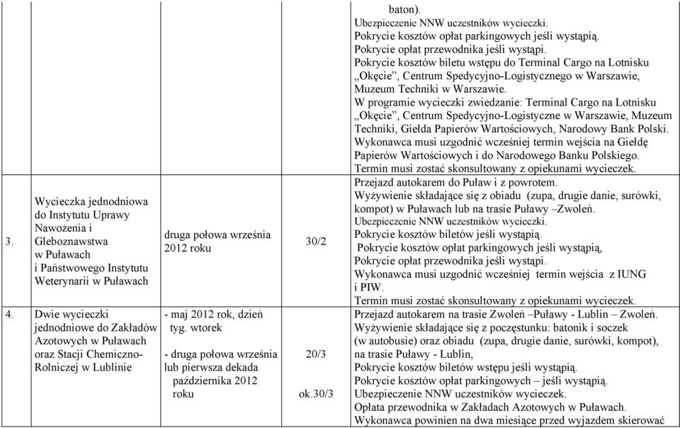 wtorek - druga połowa września lub pierwsza dekada października 2012 roku 20/3 ok.30/3 baton). Pokrycie kosztów opłat parkingowych jeśli wystąpią. Pokrycie opłat przewodnika jeśli wystąpi.