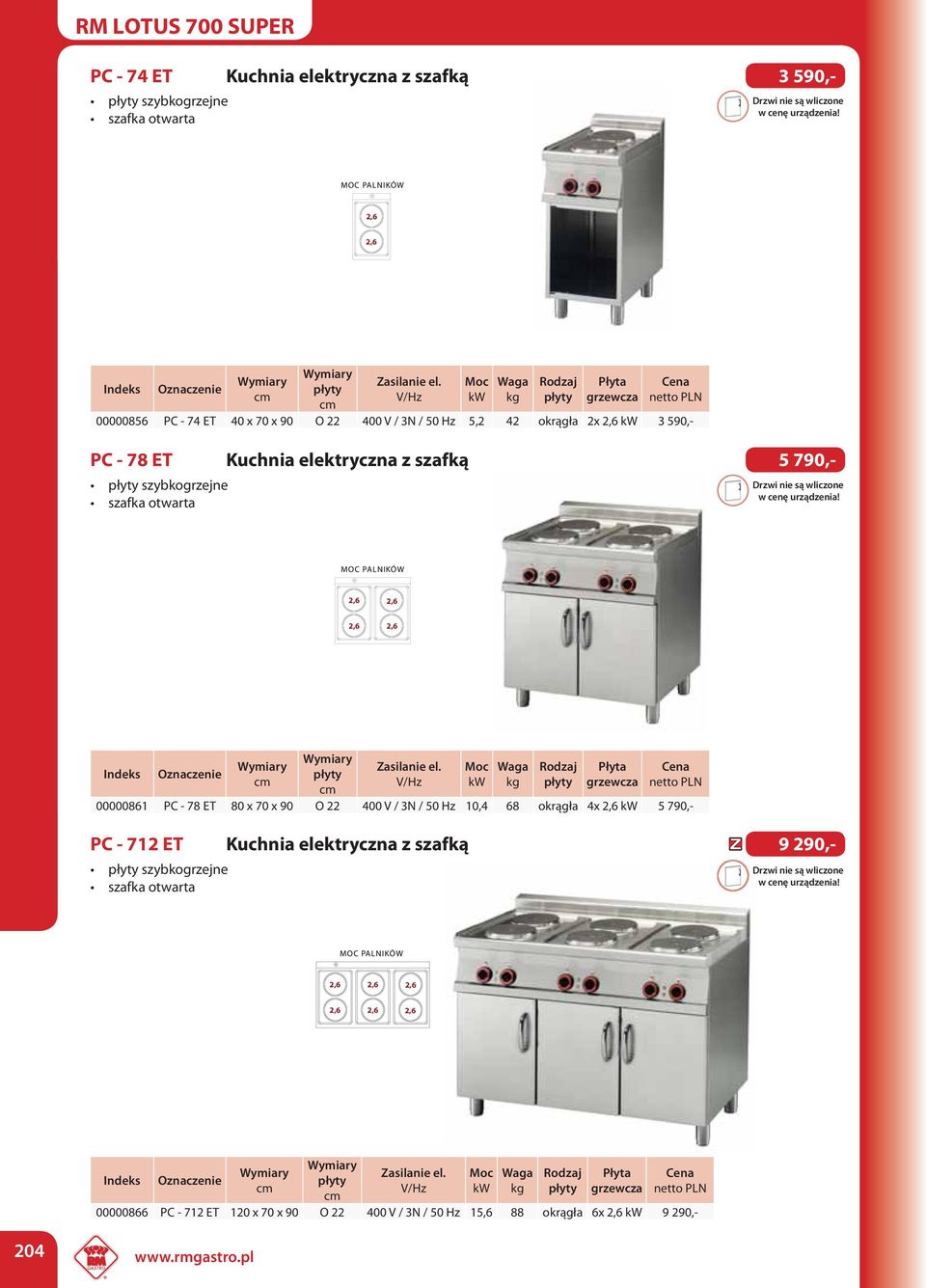 712 ET Kuchnia elektryczna z szafką 9 290,- szybkogrzejne szafka otwarta 00000861 PC - 78 ET 80 x 70 x 90 O 22 400 V / 3N