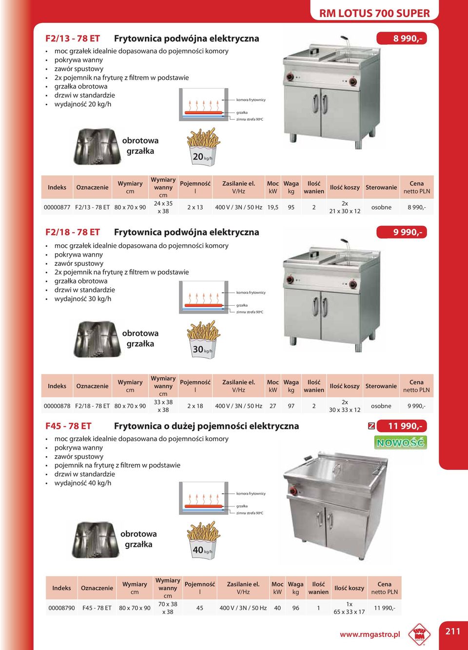 wanien koszy Sterowanie 2x 21 x 30 x 12 osobne 8 990,- F2/18-78 ET Frytownica podwójna elektryczna 9 990,- moc grzałek idealnie dopasowana do pojemności komory pokrywa wanny zawór spustowy 2x