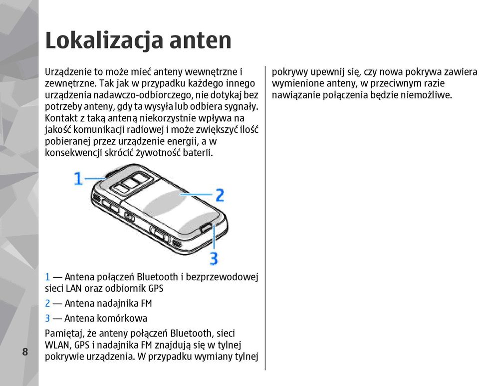 Kontakt z taką anteną niekorzystnie wpływa na jakość komunikacji radiowej i może zwiększyć ilość pobieranej przez urządzenie energii, a w konsekwencji skrócić żywotność baterii.