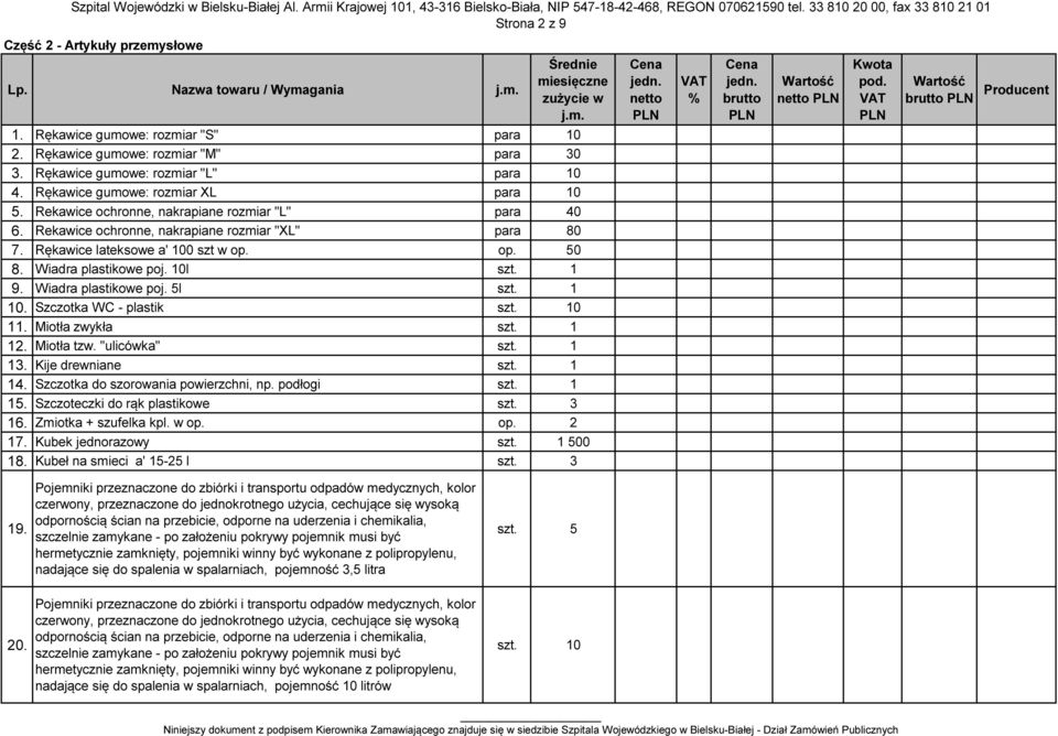 Wiadra plastikowe poj. 10l szt. 1 9. Wiadra plastikowe poj. 5l szt. 1 10. Szczotka WC - plastik 11. Miotła zwykła szt. 1 12. Miotła tzw. "ulicówka" szt. 1 13. Kije drewniane szt. 1 14.