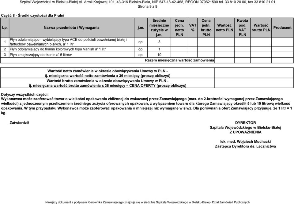 3 2 Płyn odplamiający do tkanin kolorowych typu Vanish a' 1 litr op. 1 3 Płyn zmiękczający do tkanin a' 5 litrów op.