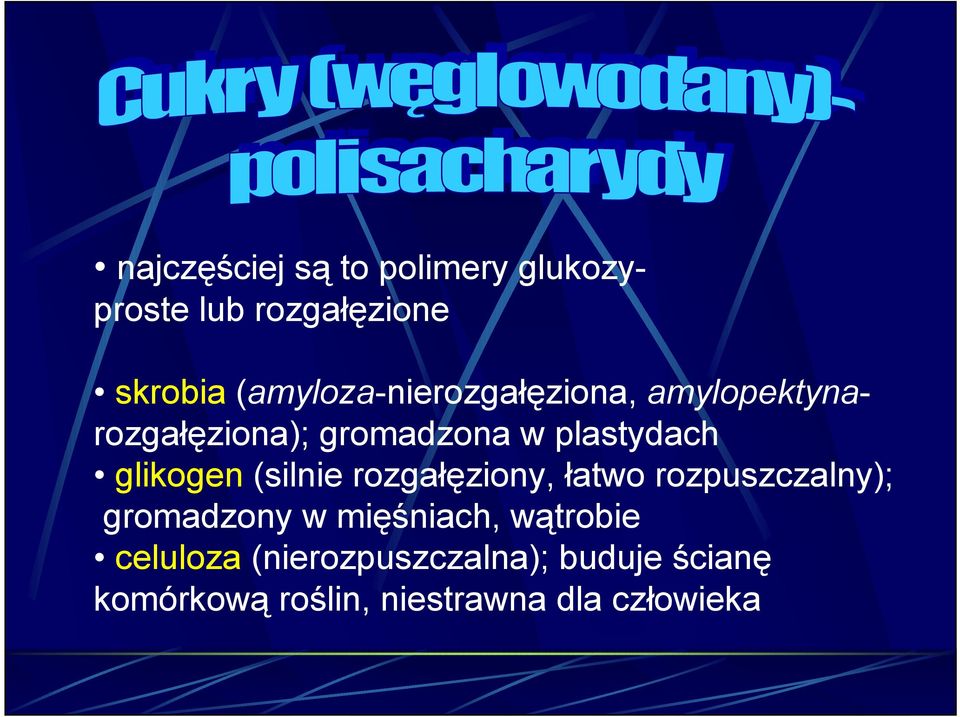 glikogen (silnie rozgałęziony, łatwo rozpuszczalny); gromadzony w mięśniach,