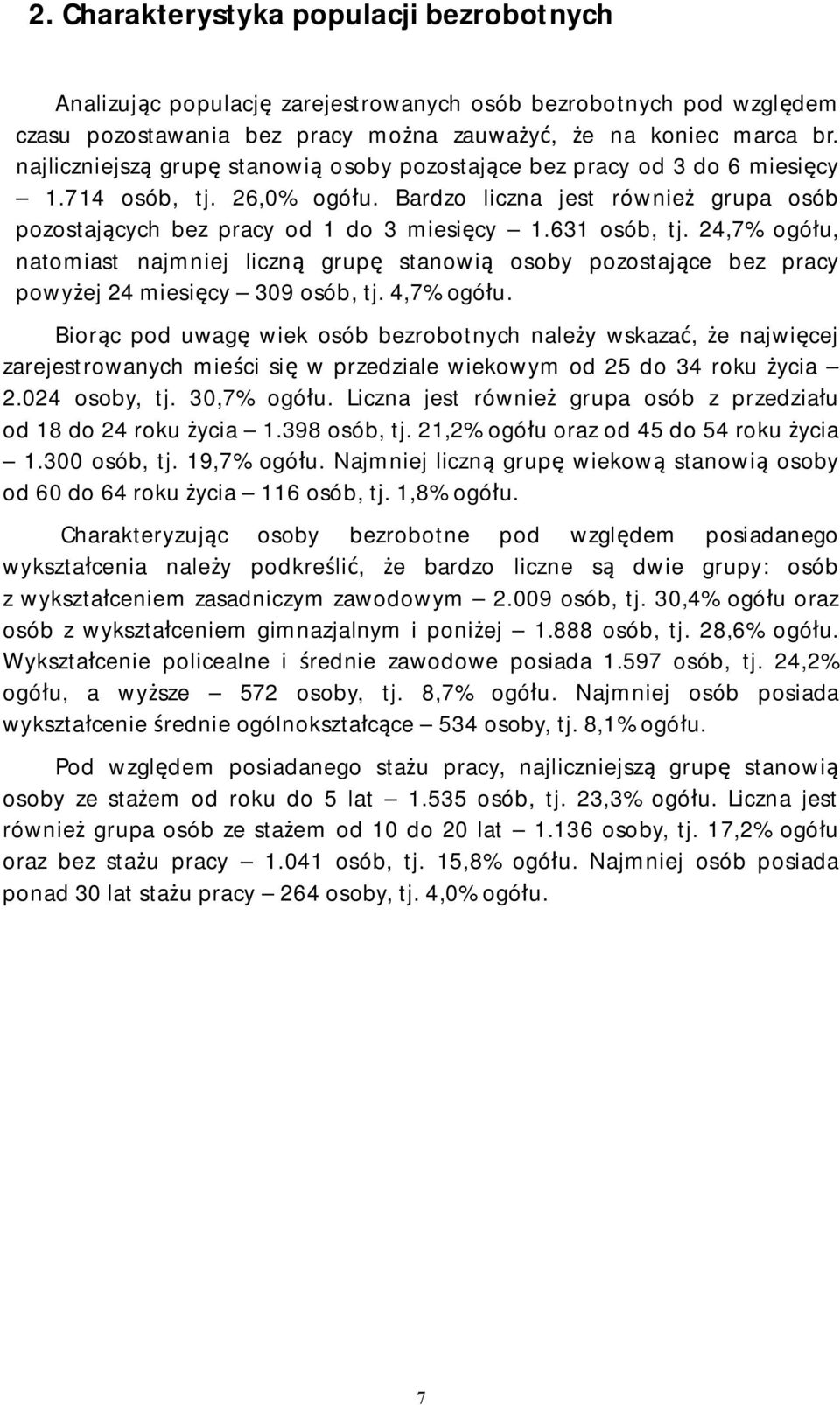 631 osób, tj. 24,7% ogółu, natomiast najmniej liczną grupę stanowią osoby pozostające bez pracy powyżej 24 miesięcy 309 osób, tj. 4,7% ogółu.
