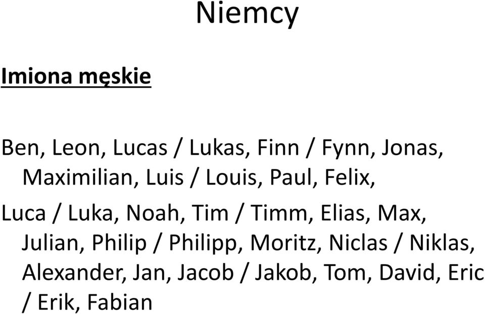 Tim / Timm, Elias, Max, Julian, Philip / Philipp, Moritz, Niclas