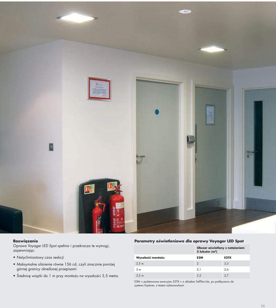 Parametry oświetleniowe dla oprawy Voyager LED Spot Obszar oświetlony z natężeniem 5 luksów (m 2 ) Wysokość montażu E3M E3TX 2,5 m 2 2,3