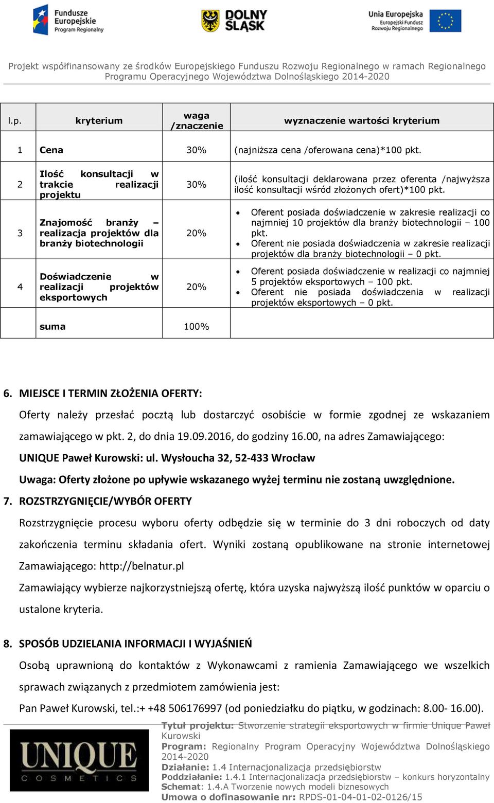 3 Znajomość branży realizacja projektów dla branży biotechnologii 20% Oferent posiada doświadczenie w zakresie realizacji co najmniej 10 projektów dla branży biotechnologii 100 pkt.