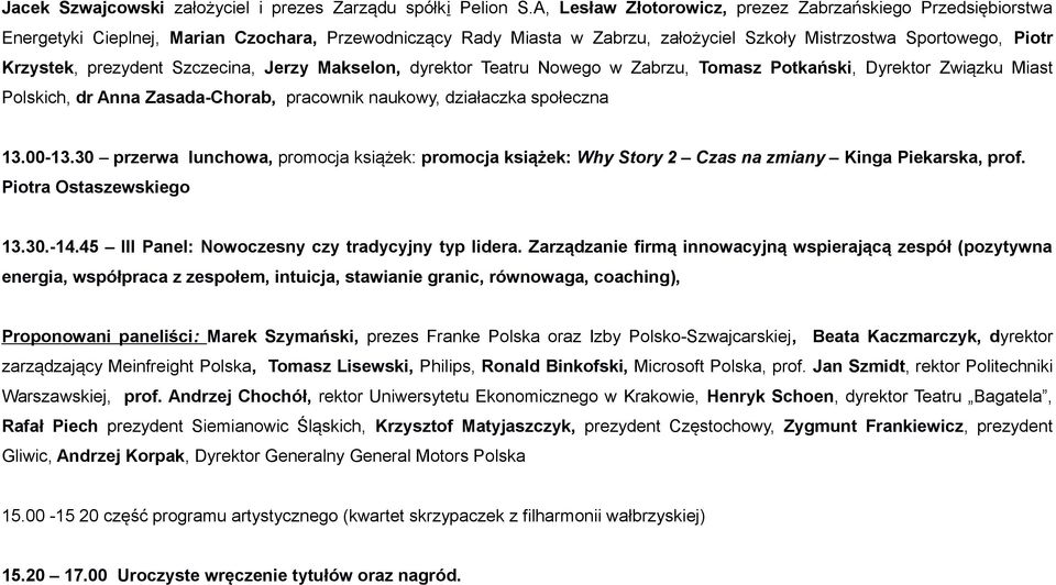 prezydent Szczecina, Jerzy Makselon, dyrektor Teatru Nowego w Zabrzu, Tomasz Potkański, Dyrektor Związku Miast Polskich, dr Anna Zasada-Chorab, pracownik naukowy, działaczka społeczna 13.00-13.