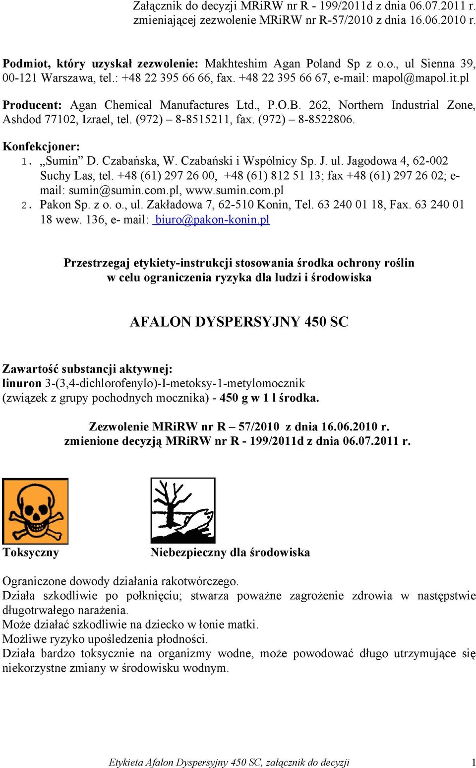 (972) 8-8522806. Konfekcjoner: 1. Sumin D. Czabańska, W. Czabański i Wspólnicy Sp. J. ul. Jagodowa 4, 62-002 Suchy Las, tel.