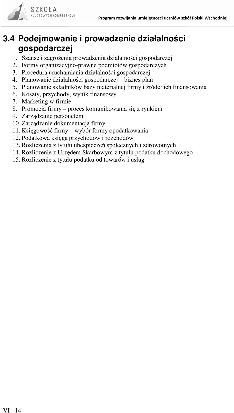 Koszty, przychody, wynik finansowy 7. Marketing w firmie 8. Promocja firmy proces komunikowania się z rynkiem 9. Zarządzanie personelem 10. Zarządzanie dokumentacją firmy 11.