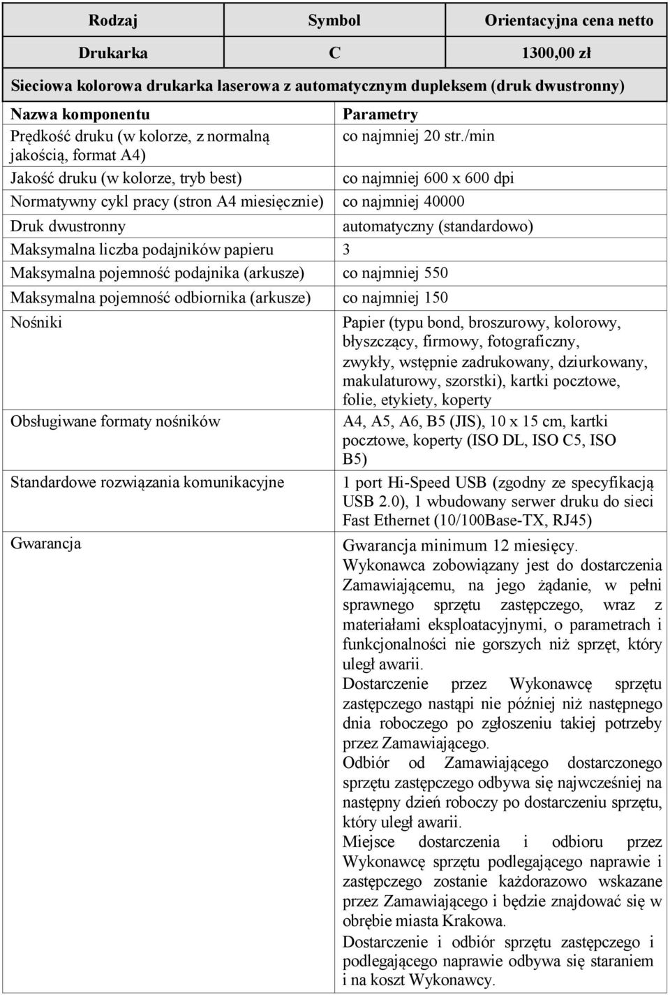 /min jakością, format A4) Jakość druku (w kolorze, tryb best) co najmniej 600 x 600 dpi Normatywny cykl pracy (stron A4 miesięcznie) co najmniej 40000 Druk dwustronny automatyczny (standardowo)