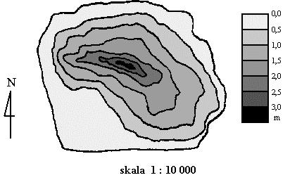 Zadanie 30. (0 3)/2002 Przerywaną linią zaznacz na mapie w południowo-zachodniej części jeziora bezpieczne kąpielisko dla dorosłych o głębokości do 1,5 m. Jaka jest największa głębokość tego jeziora?