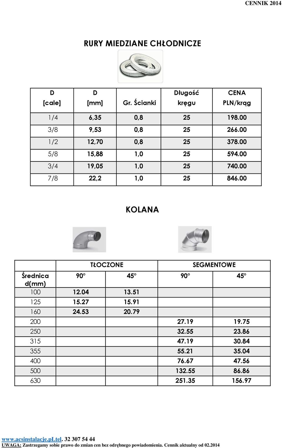 00 7/8 22,2 1,0 25 846.00 KOLANA TŁOCZONE SEGMENTOWE Średnica 90 45 90 45 d(mm) 100 12.04 13.51 125 15.27 15.