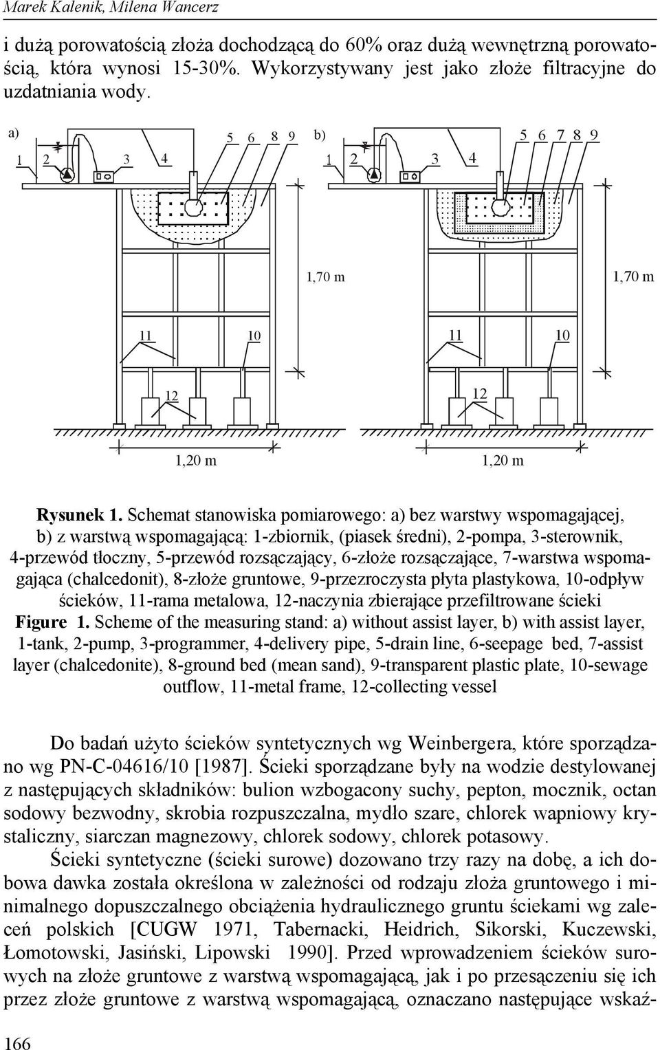 Schemat stanowiska pomiarowego: a) bez warstwy wspomagającej, b) z warstwą wspomagającą: 1-zbiornik, (piasek średni), 2-pompa, 3-sterownik, 4-przewód tłoczny, 5-przewód rozsączający, 6-złoże