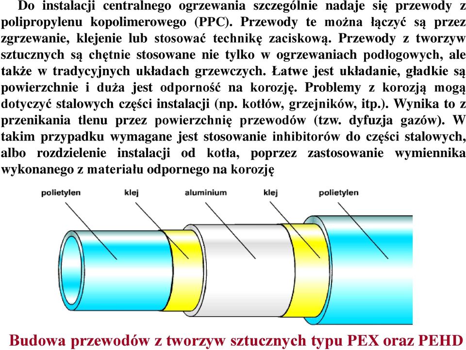 Łatwe jest układanie, gładkie są powierzchnie i duża jest odporność na korozję. Problemy z korozją mogą dotyczyć stalowych części instalacji (np. kotłów, grzejników, itp.).