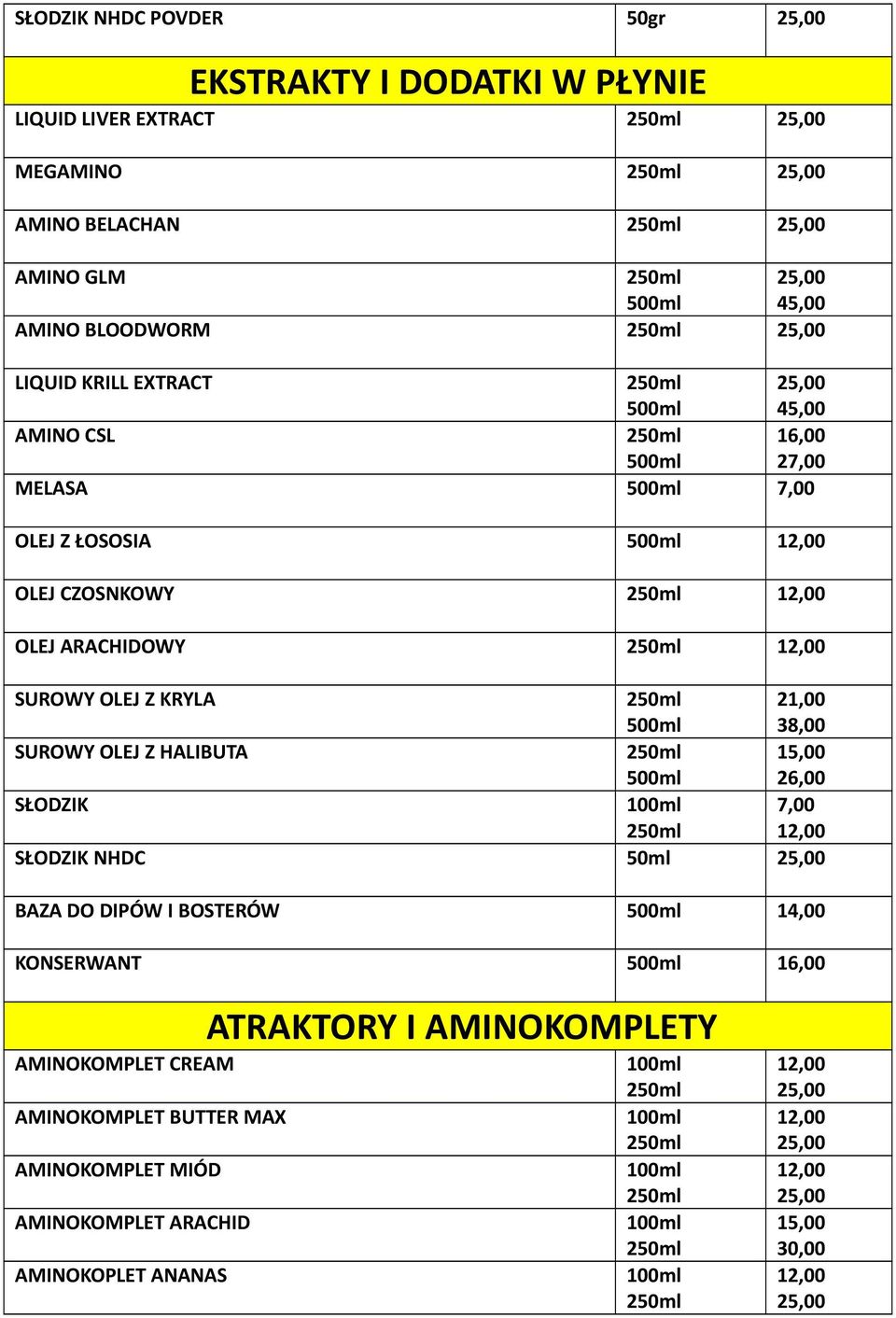 Z KRYLA 500ml 21,00 38,00 SUROWY OLEJ Z HALIBUTA 500ml 26,00 SŁODZIK 7,00 SŁODZIK NHDC 50ml BAZA DO DIPÓW I BOSTERÓW 500ml 14,00