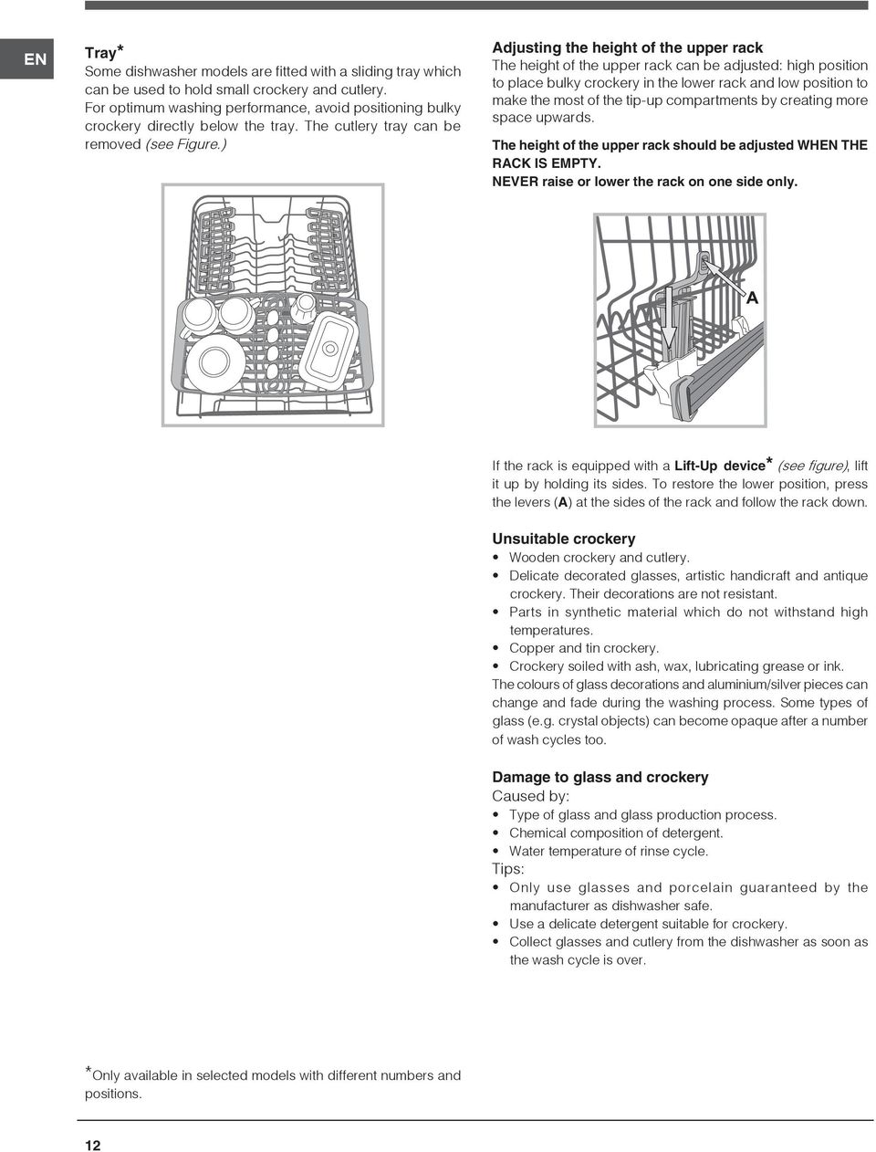 ) Adjusting the height of the upper rack The height of the upper rack can be adjusted: high position to place bulky crockery in the lower rack and low position to make the most of the tip-up