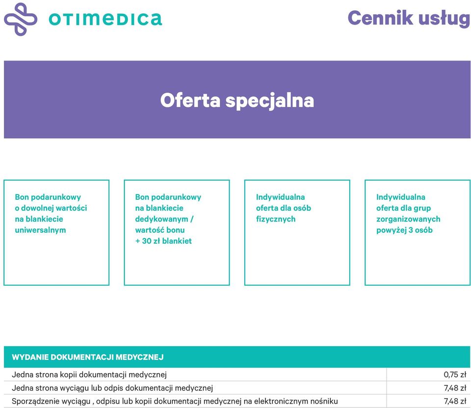 powyżej 3 osób WYDANIE DOKUMENTACJI MEDYCZNEJ Jedna strona kopii dokumentacji medycznej 0,75 zł Jedna strona wyciągu lub