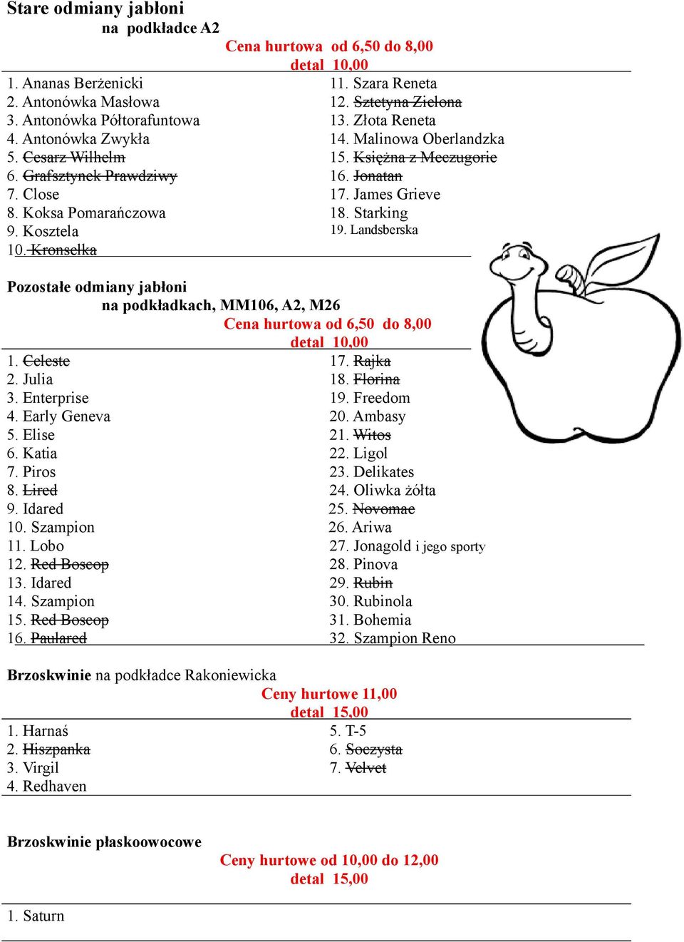 James Grieve 18. Starking 19. Landsberska Pozostałe odmiany jabłoni na podkładkach, MM106, A2, M26 Cena hurtowa od 6,50 do 8,00 detal 10,00 1. Celeste 2. Julia 3. Enterprise 4. Early Geneva 5.