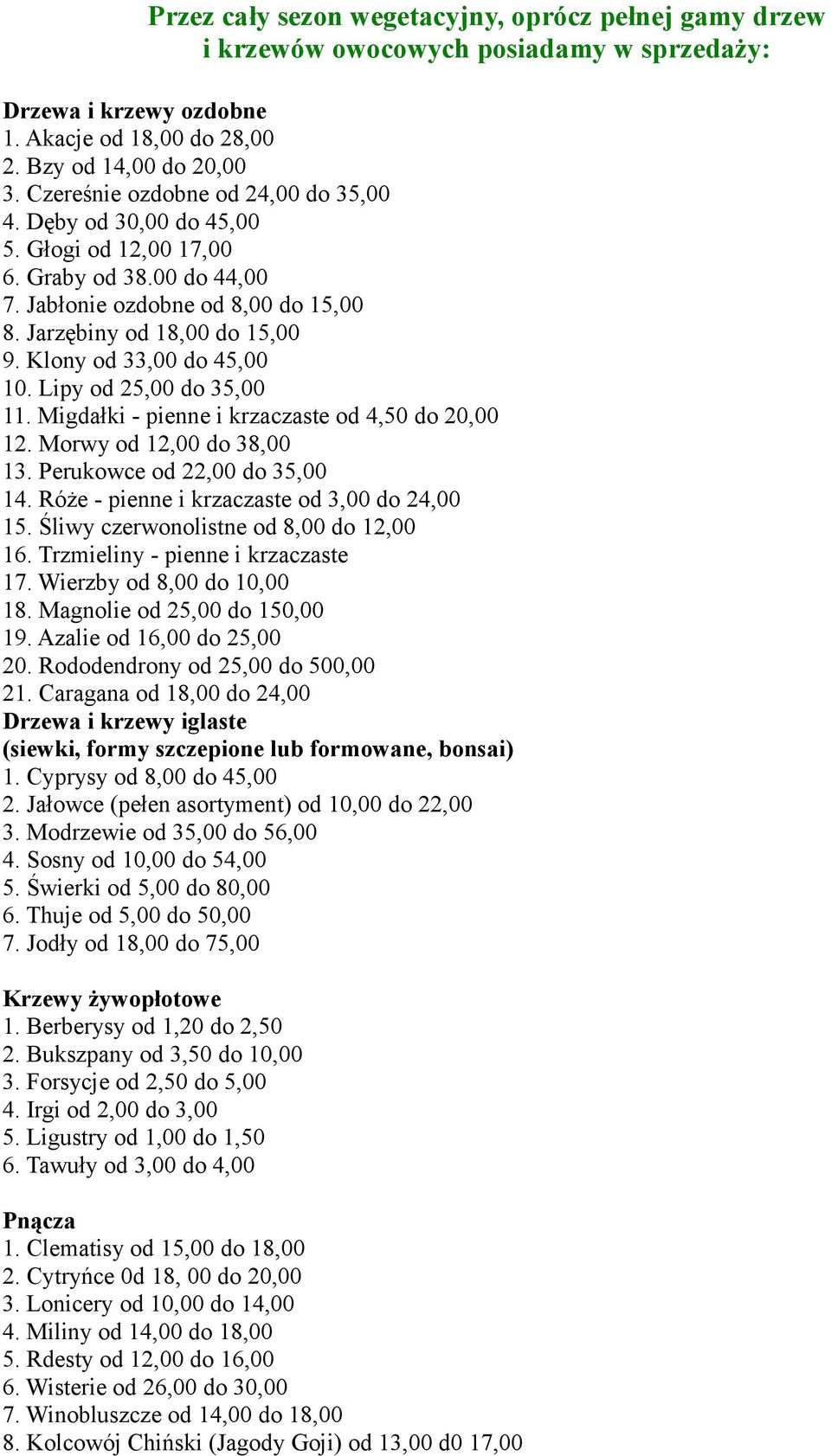 Klony od 33,00 do 45,00 10. Lipy od 25,00 do 35,00 11. Migdałki - pienne i krzaczaste od 4,50 do 20,00 12. Morwy od 12,00 do 38,00 13. Perukowce od 22,00 do 35,00 14.