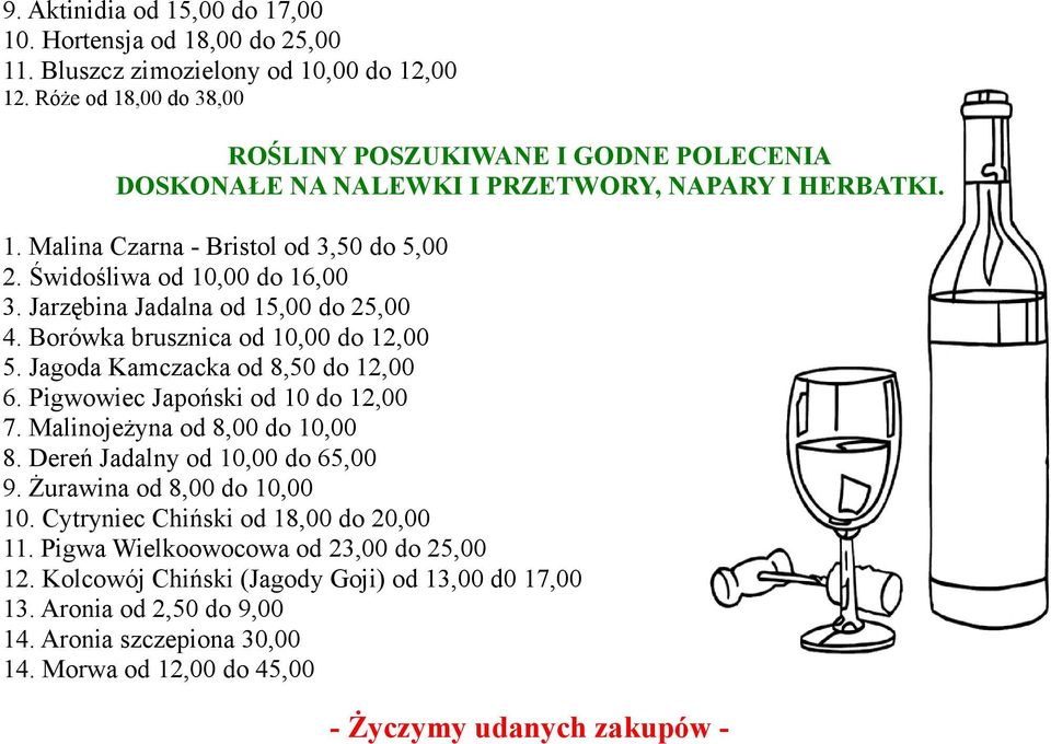 Jarzębina Jadalna od 15,00 do 25,00 4. Borówka brusznica od 10,00 do 12,00 5. Jagoda Kamczacka od 8,50 do 12,00 6. Pigwowiec Japoński od 10 do 12,00 7. Malinojeżyna od 8,00 do 10,00 8.