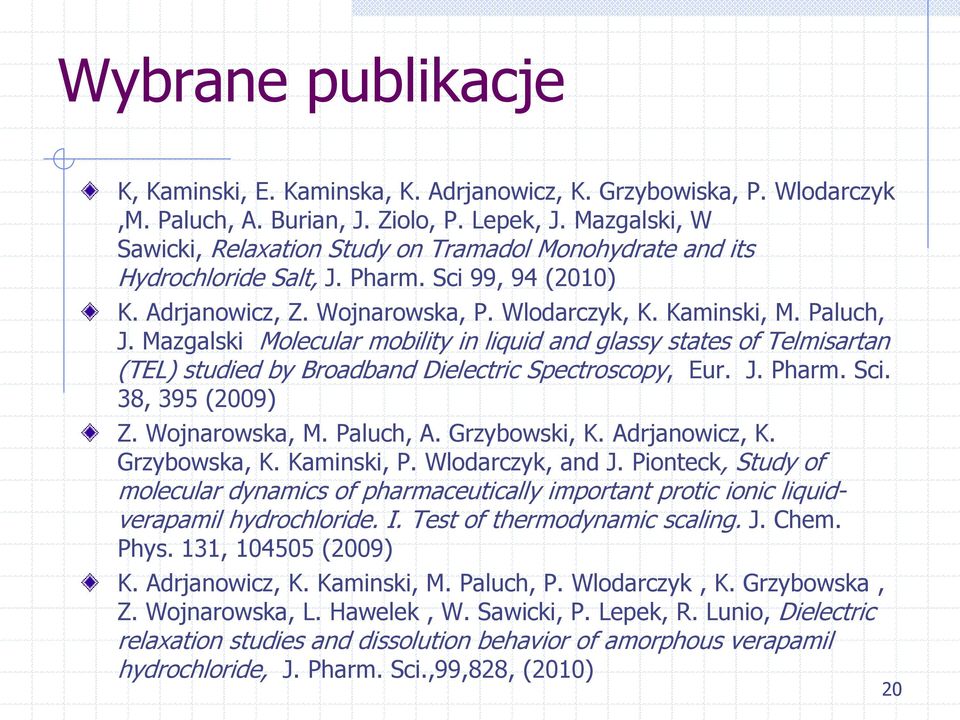 Mazgalski Molecular mobility in liquid and glassy states of Telmisartan (TEL) studied by Broadband Dielectric Spectroscopy, Eur. J. Pharm. Sci. 38, 395 (2009) Z. Wojnarowska, M. Paluch, A.