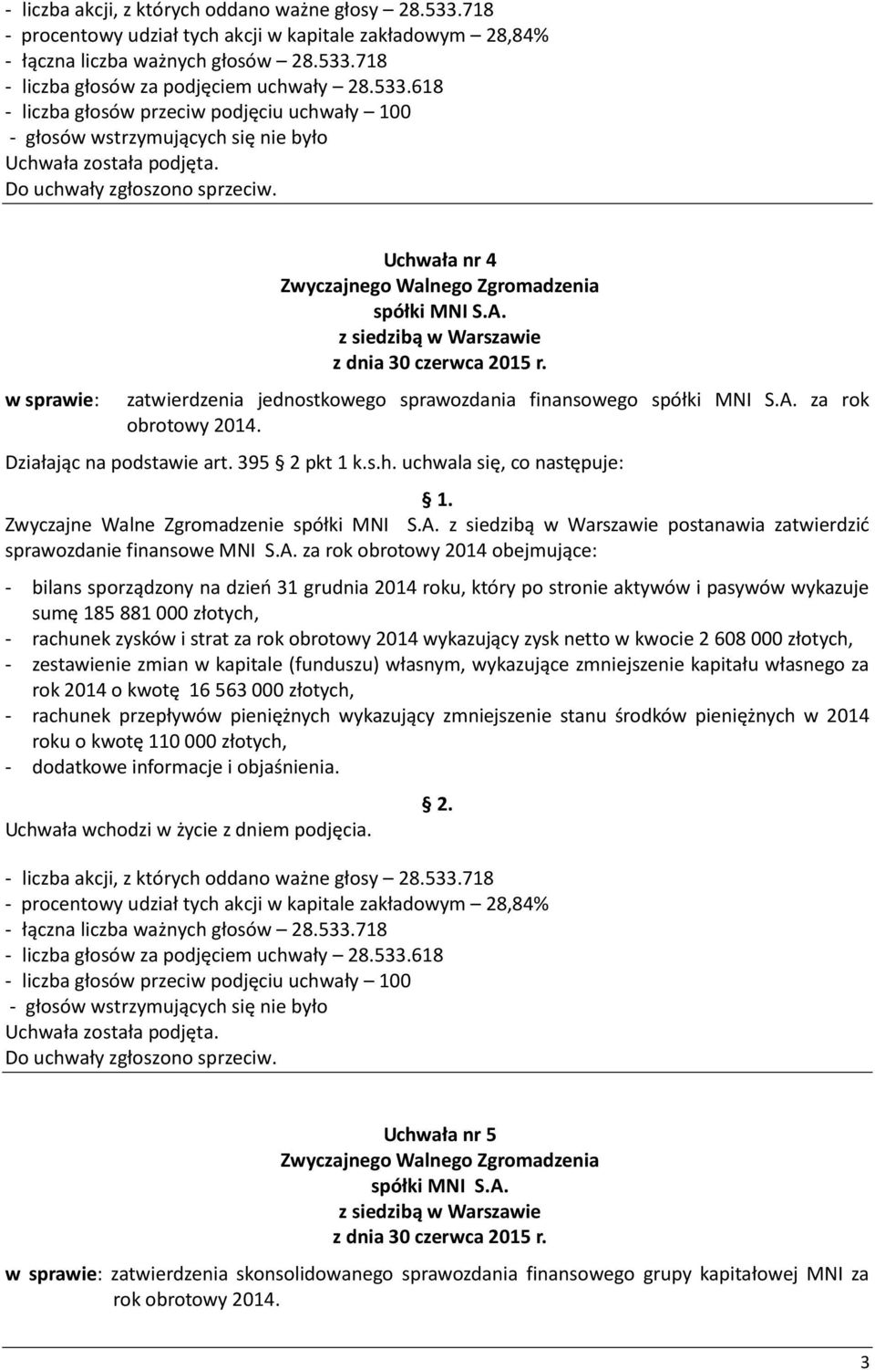 2014 wykazujący zysk netto w kwocie 2 608 000 złotych, - zestawienie zmian w kapitale (funduszu) własnym, wykazujące zmniejszenie kapitału własnego za rok 2014 o kwotę 16 563 000 złotych, - rachunek