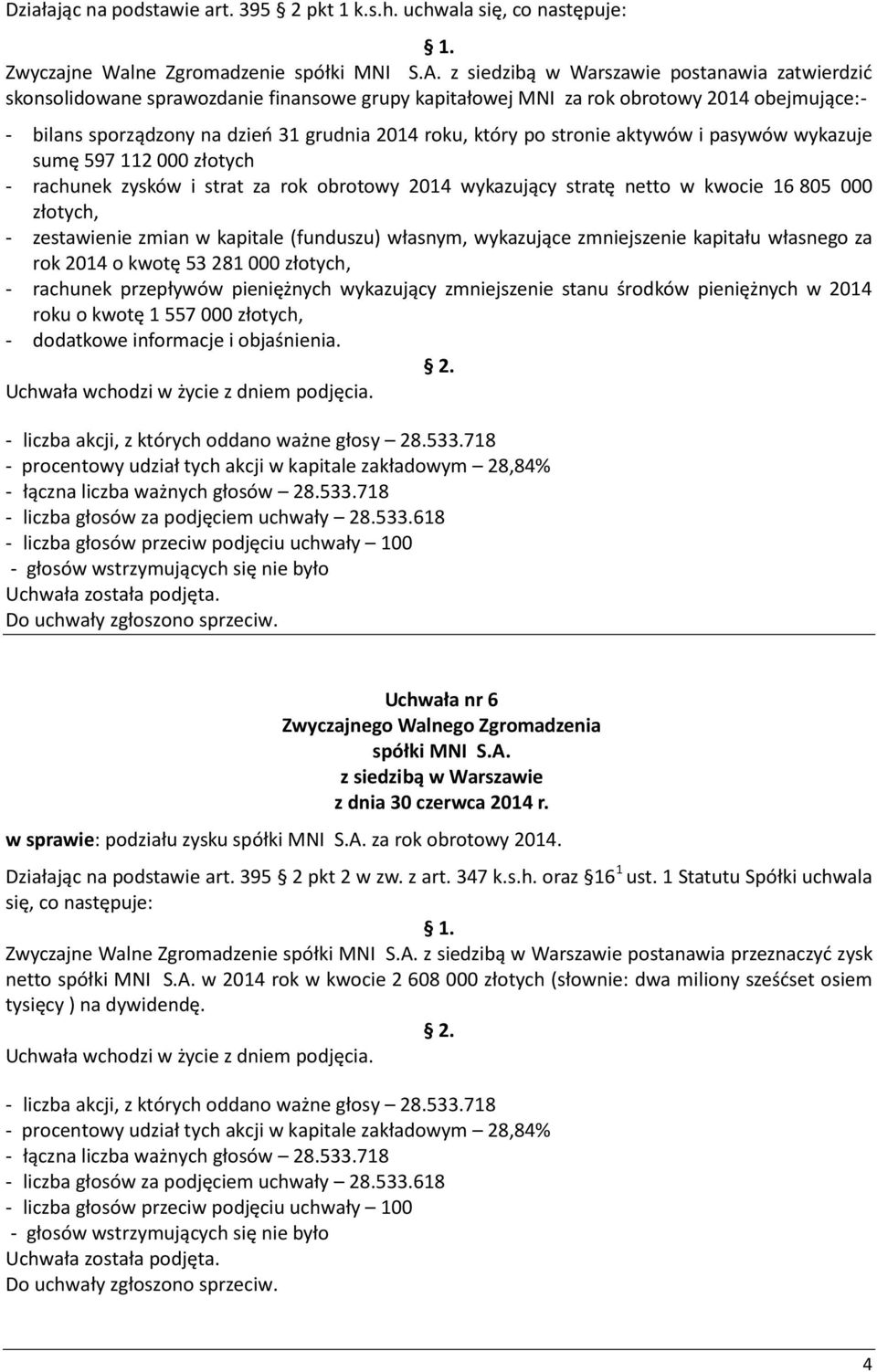 dzień 31 grudnia 2014 roku, który po stronie aktywów i pasywów wykazuje sumę 597 112 000 złotych - rachunek zysków i strat za rok obrotowy 2014 wykazujący stratę netto w kwocie 16 805 000 złotych, -