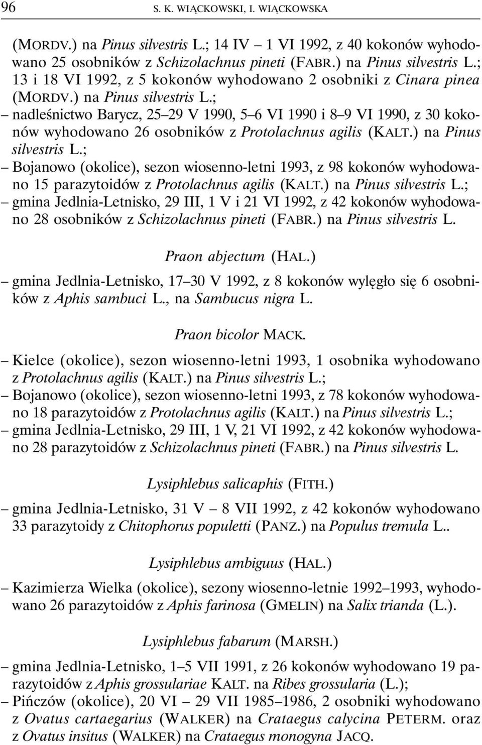 ) na Pinus silvestris L.; gmina Jedlnia-Letnisko, 29 III, 1 V i 21 VI 1992, z 42 kokonów wyhodowano 28 osobników z Schizolachnus pineti (FABR.) na Pinus silvestris L. Praon abjectum (HAL.