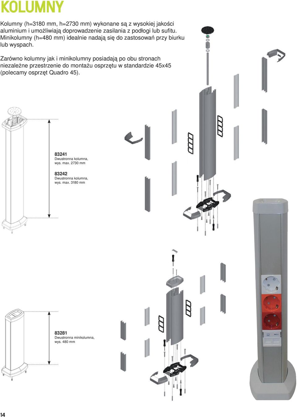 Zarówno kolumny jak i minikolumny posiadają po obu stronach niezależne przestrzenie do montażu osprzętu w standardzie 45x45