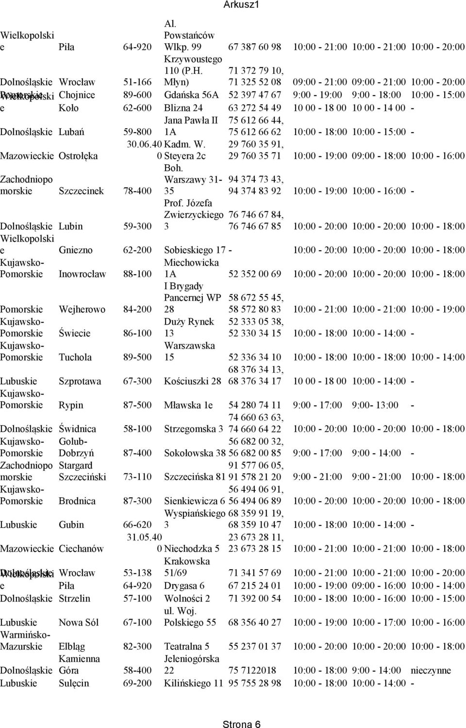 62-600 Blizna 24 63 272 54 49 10 00-18 00 10 00-14 00-75 612 66 44, Dolnośląski Lubań 59-800 1A 75 612 66 62 10:00-18:00 10:00-15:00 - Mazowicki Ostrołęka 30.06.40 Kadm. W.