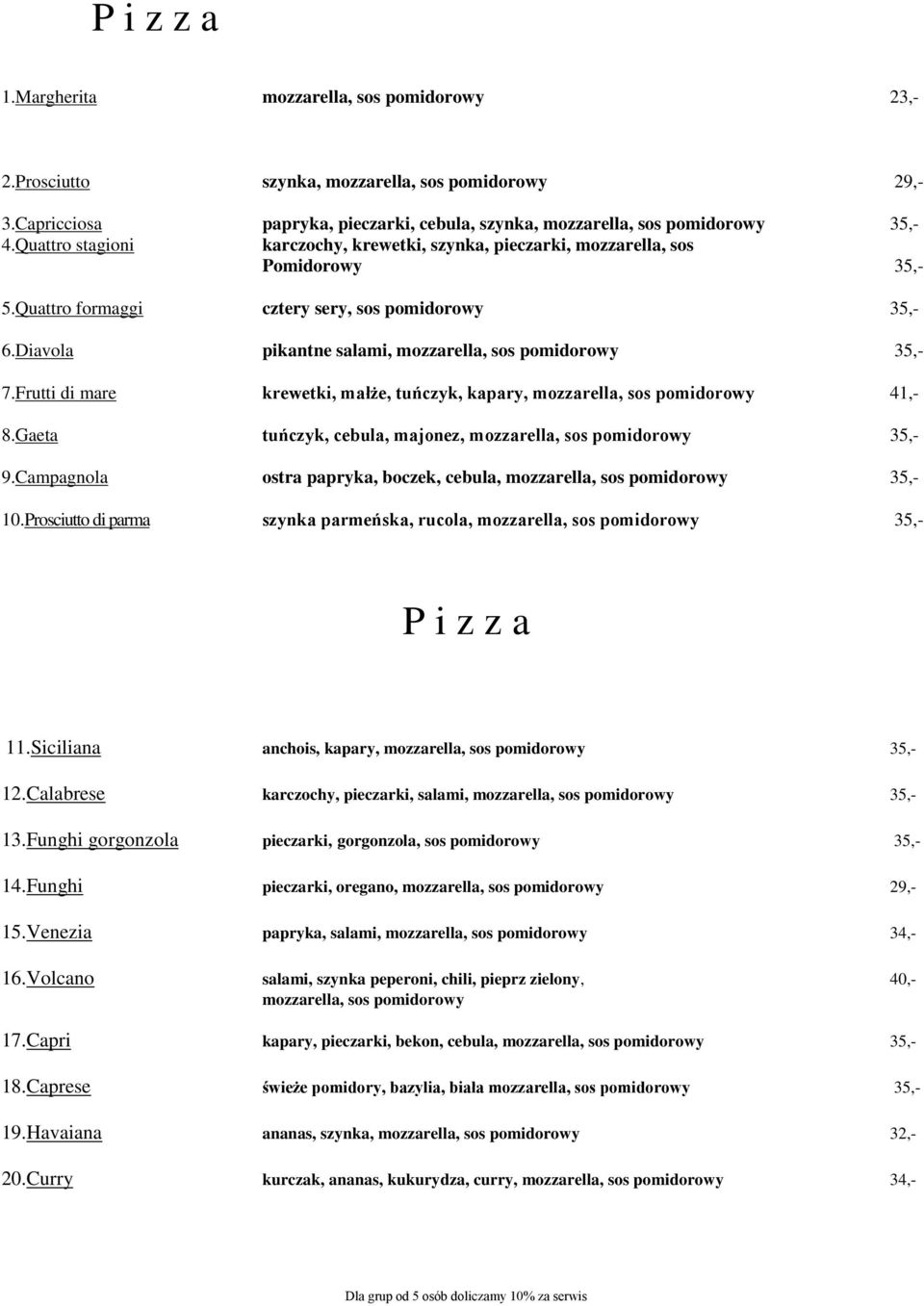 Diavola pikantne salami, mozzarella, sos pomidorowy 35,- 7.Frutti di mare krewetki, małże, tuńczyk, kapary, mozzarella, sos pomidorowy 41,- 8.