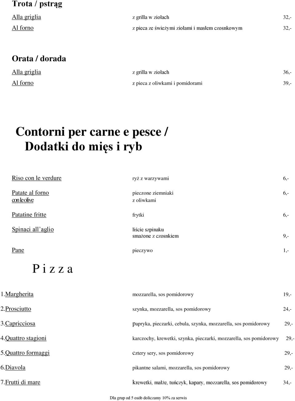 Spinaci all aglio liście szpinaku smażone z czosnkiem 9,- Pane pieczywo 1,- P i z z a 1.Margherita mozzarella, sos pomidorowy 19,- 2.Prosciutto szynka, mozzarella, sos pomidorowy 24,- 3.