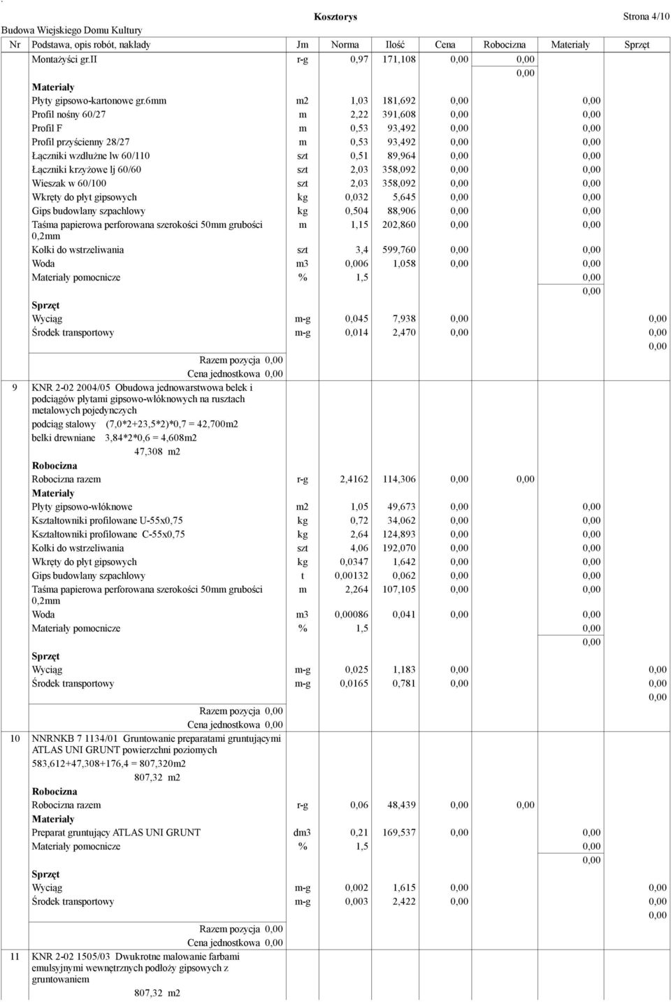 358,092 Wieszak w 60/100 szt 2,03 358,092 Wkręty do płyt gipsowych kg 0,032 5,645 Gips budowlany szpachlowy kg 0,504 88,906 Taśma papierowa perforowana szerokości 50mm grubości m 1,15 202,860 0,2mm