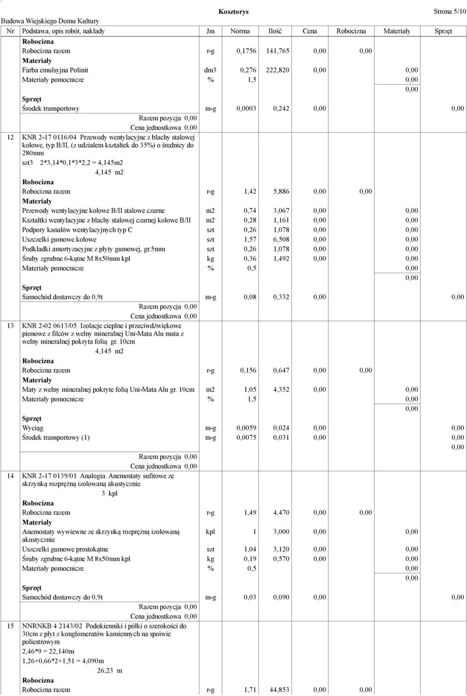 r-g 1,42 5,886 Przewody wentylacyjne kołowe B/II stalowe czarne m2 0,74 3,067 Kształtki wentylacyjne z blachy stalowej czarnej kołowe B/II m2 0,28 1,161 Podpory kanałów wentylacyjnych typ C szt 0,26