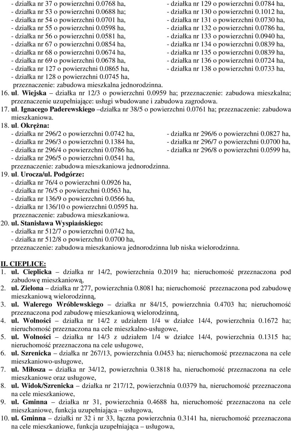 0865 ha, - działka nr 128 o powierzchni 0.0745 ha, - działka nr 129 o powierzchni 0.0784 ha, - działka nr 130 o powierzchni 0.1012 ha, - działka nr 131 o powierzchni 0.