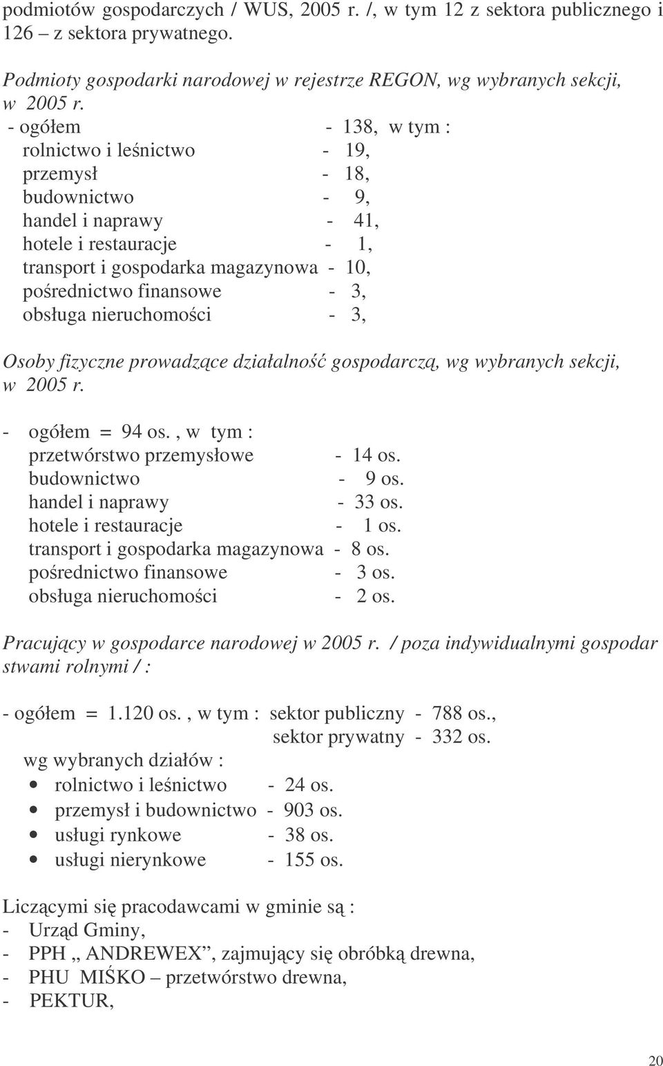 obsługa nieruchomoci - 3, Osoby fizyczne prowadzce działalno gospodarcz, wg wybranych sekcji, w 2005 r. - ogółem = 94 os., w tym : przetwórstwo przemysłowe - 14 os. budownictwo - 9 os.