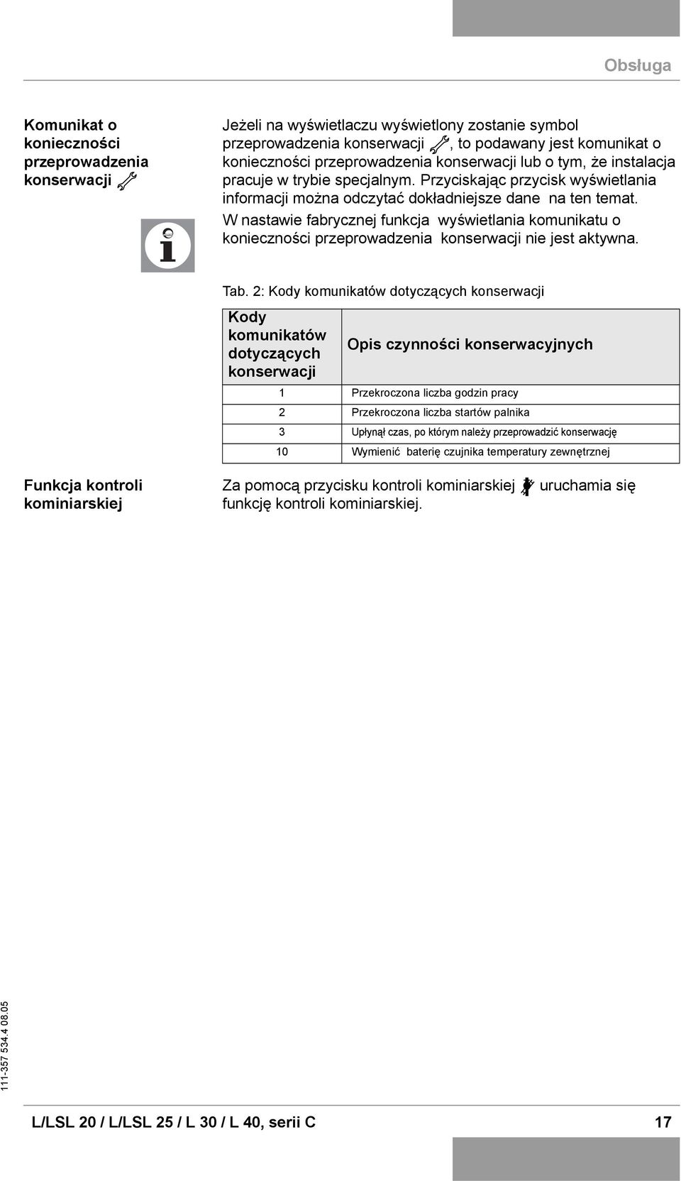 W nastawie fabrycznej funkcja wyświetlania komunikatu o konieczności przeprowadzenia konserwacji nie jest aktywna. Tab.