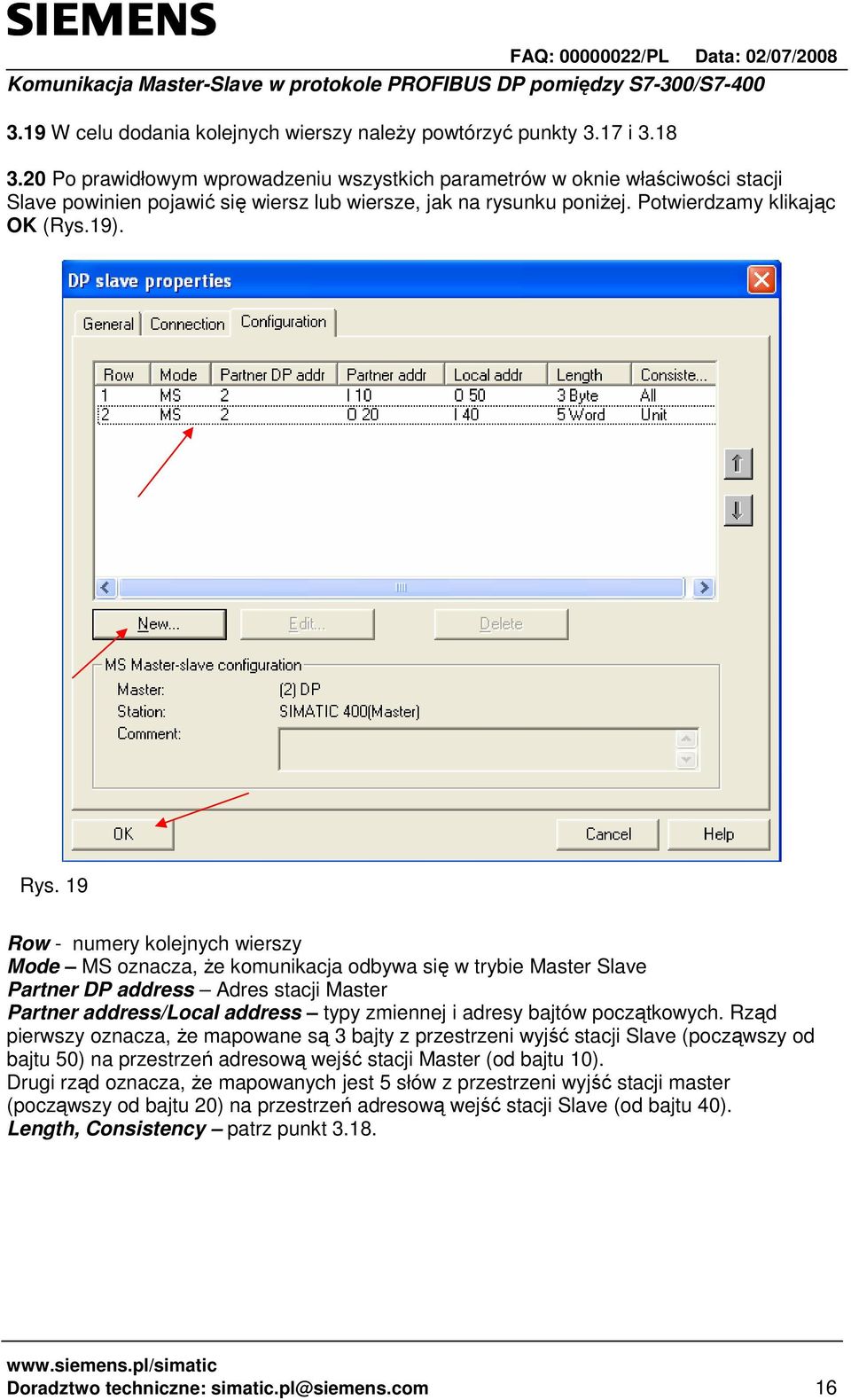 19 Row - numery kolejnych wierszy Mode MS oznacza, Ŝe komunikacja odbywa się w trybie Master Slave Partner DP address Adres stacji Master Partner address/local address typy zmiennej i adresy bajtów