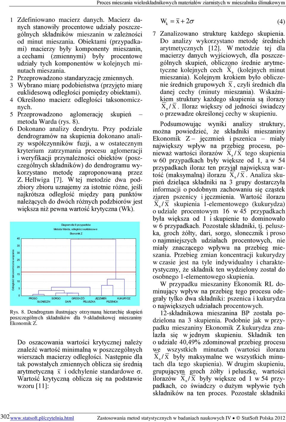 3 Wybrano miarę podobieństwa (przyjęto miarę euklidesową odległości pomiędzy obiektami). 4 Określono macierz odległości taksonomicznych. 5 Przeprowadzono aglomerację skupień metoda Warda (rys. 8).