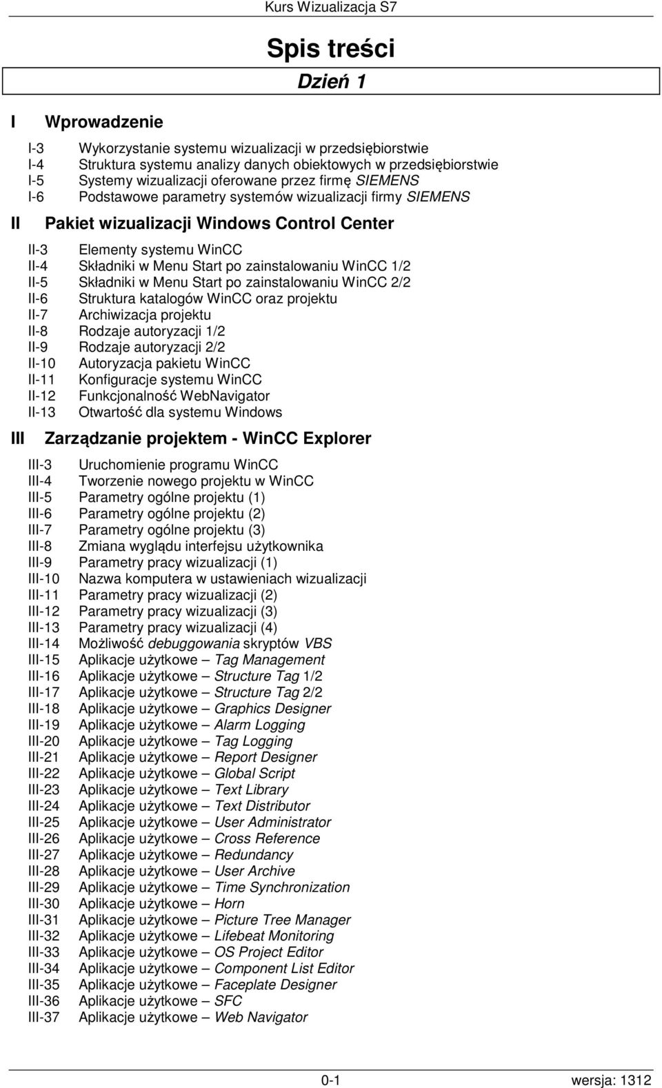 zainstalowaniu WinCC 1/2 II-5 Składniki w Menu Start po zainstalowaniu WinCC 2/2 II-6 Struktura katalogów WinCC oraz projektu II-7 Archiwizacja projektu II-8 Rodzaje autoryzacji 1/2 II-9 Rodzaje