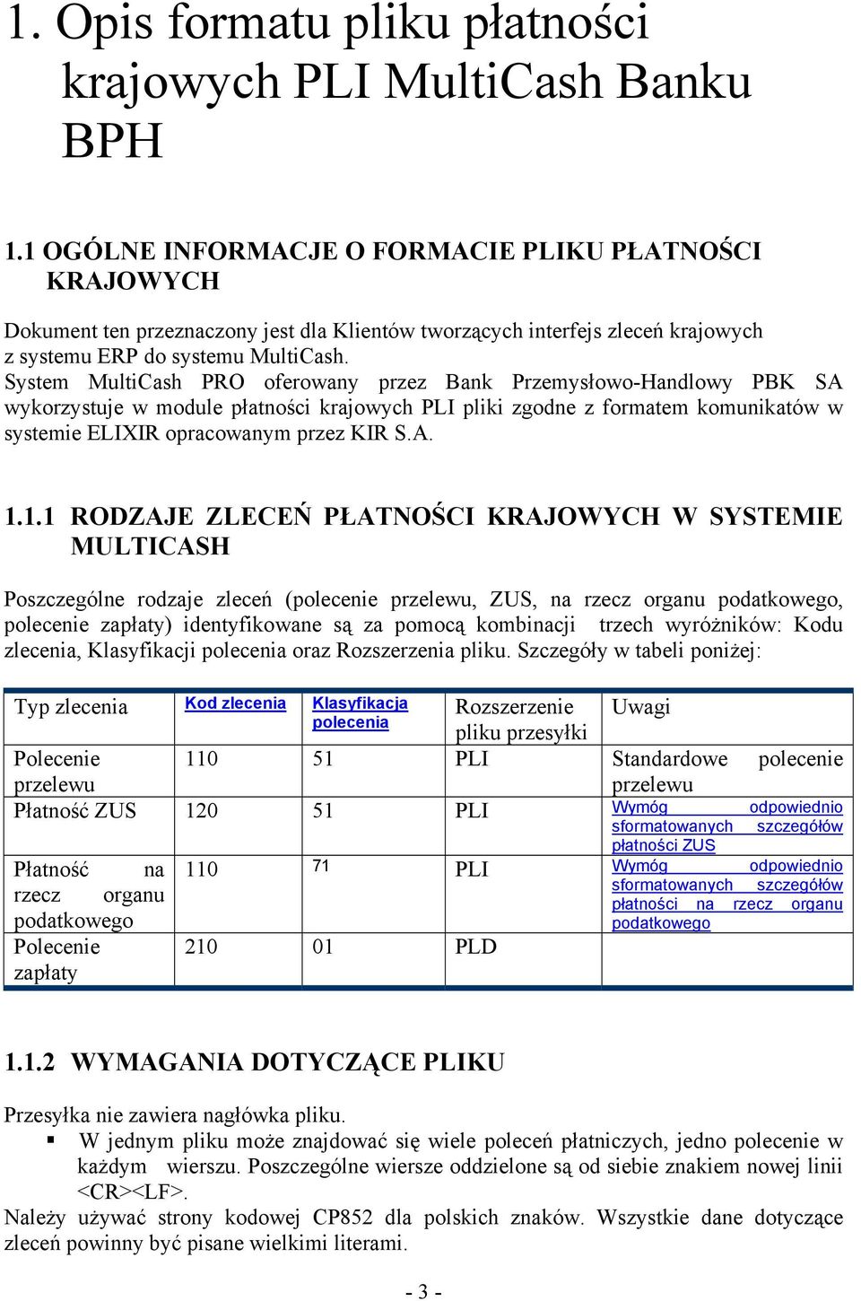System MultiCash PRO oferowany przez Bank Przemysłowo-Handlowy PBK SA wykorzystuje w module płatności krajowych PLI pliki zgodne z formatem komunikatów w systemie ELIXIR opracowanym przez KIR S.A. 1.