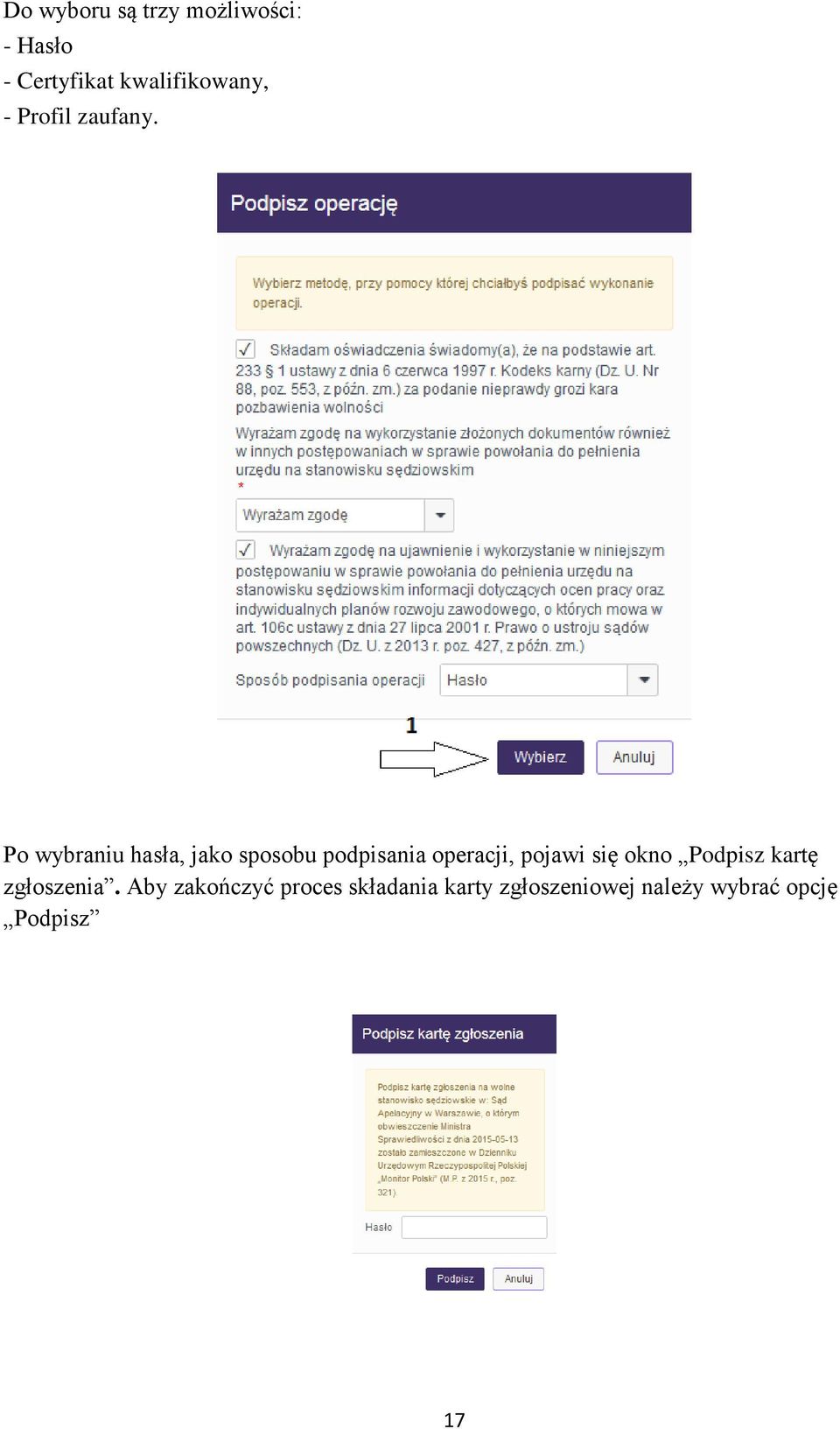 Po wybraniu hasła, jako sposobu podpisania operacji, pojawi się