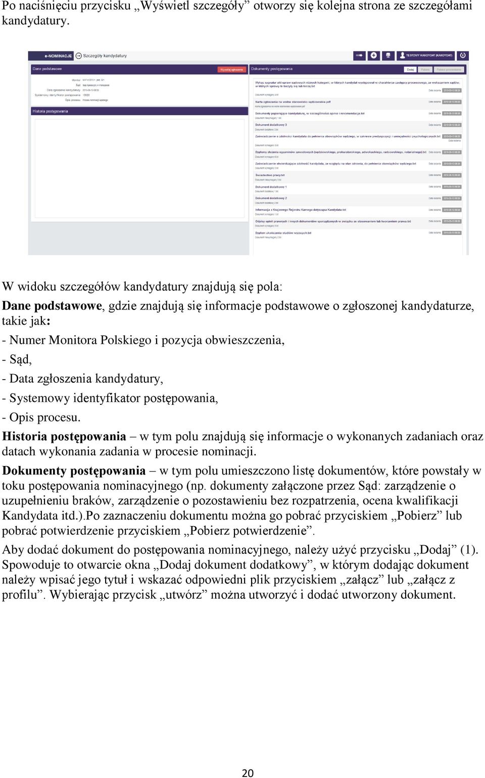 - Sąd, - Data zgłoszenia kandydatury, - Systemowy identyfikator postępowania, - Opis procesu.
