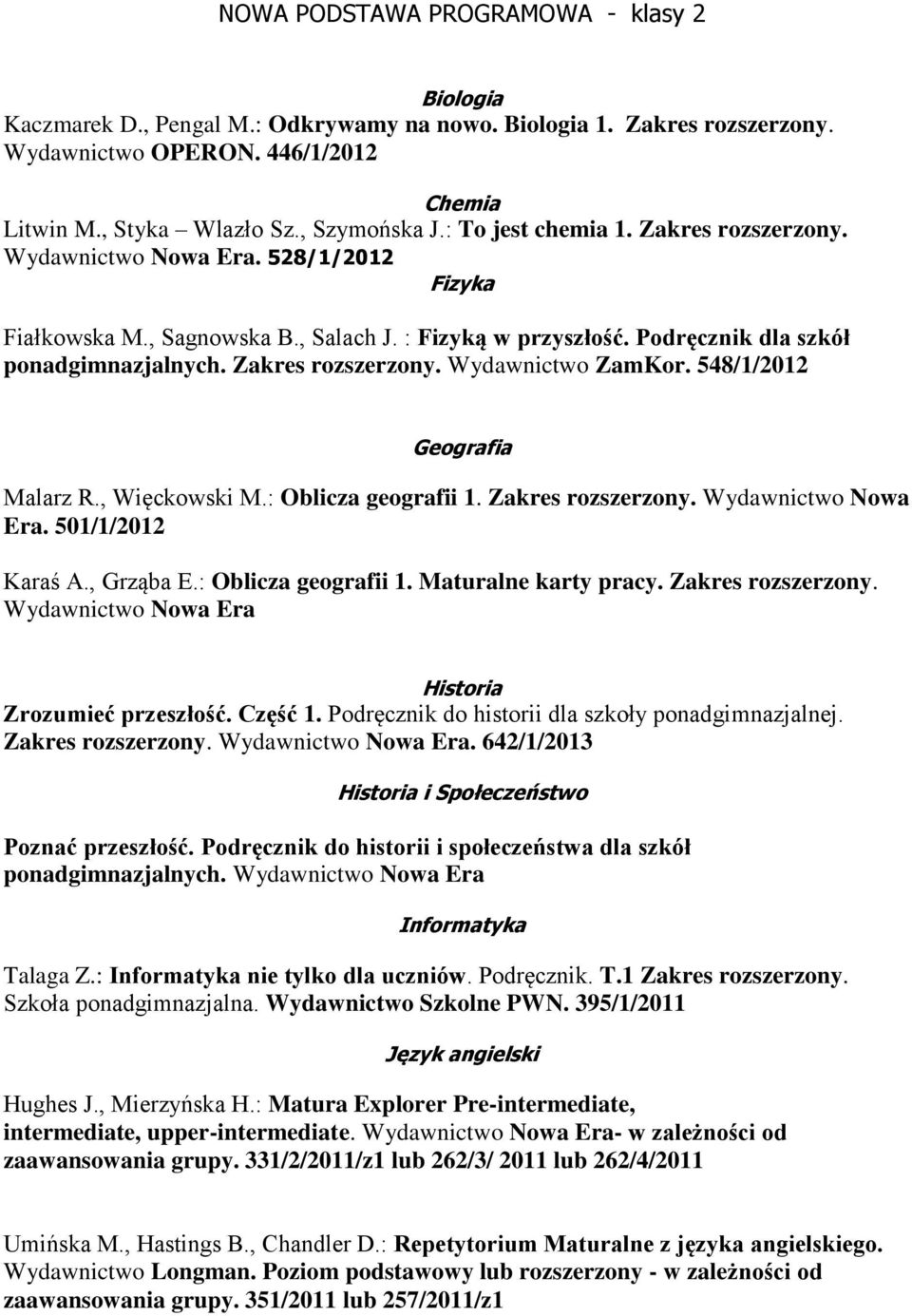 Zakres rozszerzony. Wydawnictwo ZamKor. 548/1/2012 Geografia Malarz R., Więckowski M.: Oblicza geografii 1. Zakres rozszerzony. Wydawnictwo Nowa Era. 501/1/2012 Karaś A., Grząba E.