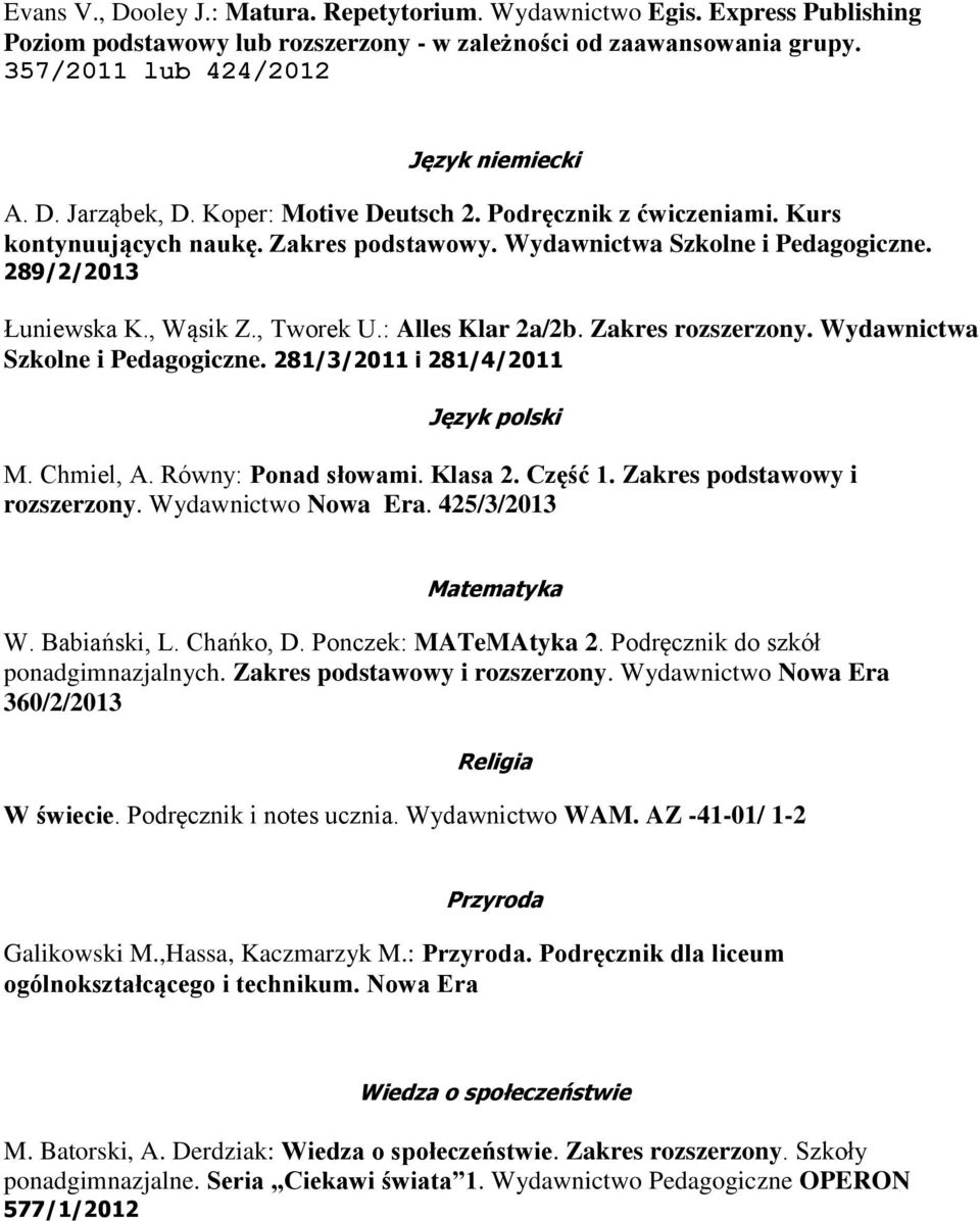 Zakres rozszerzony. Wydawnictwa Szkolne i Pedagogiczne. 281/3/2011 i 281/4/2011 Język polski M. Chmiel, A. Równy: Ponad słowami. Klasa 2. Część 1. Zakres podstawowy i rozszerzony.